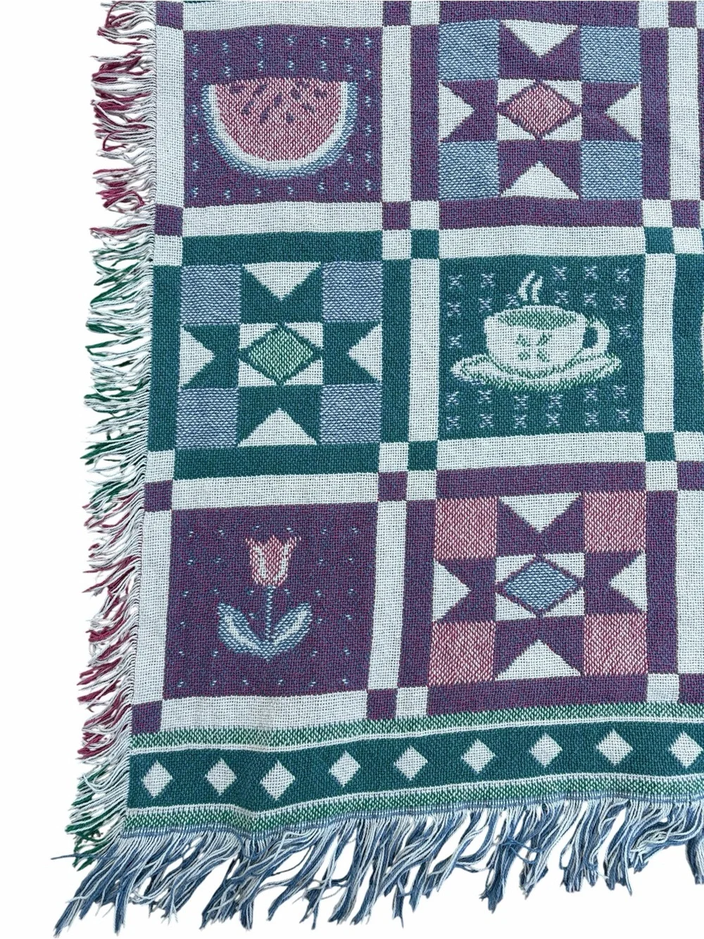 Cottagecore Woven Tapestry Patchwork Throw Blanket in Teal & Purple 100% Cotton